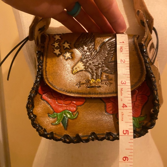 Leather tooled Bag w an American Eagle Stars Roses & feathers and shells - Picture 8 of 15